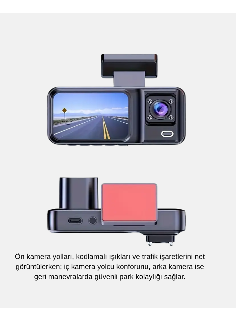 Üç Kameralı Dash Cam 170° Geniş Açılı Full HD Gece Görüşlü