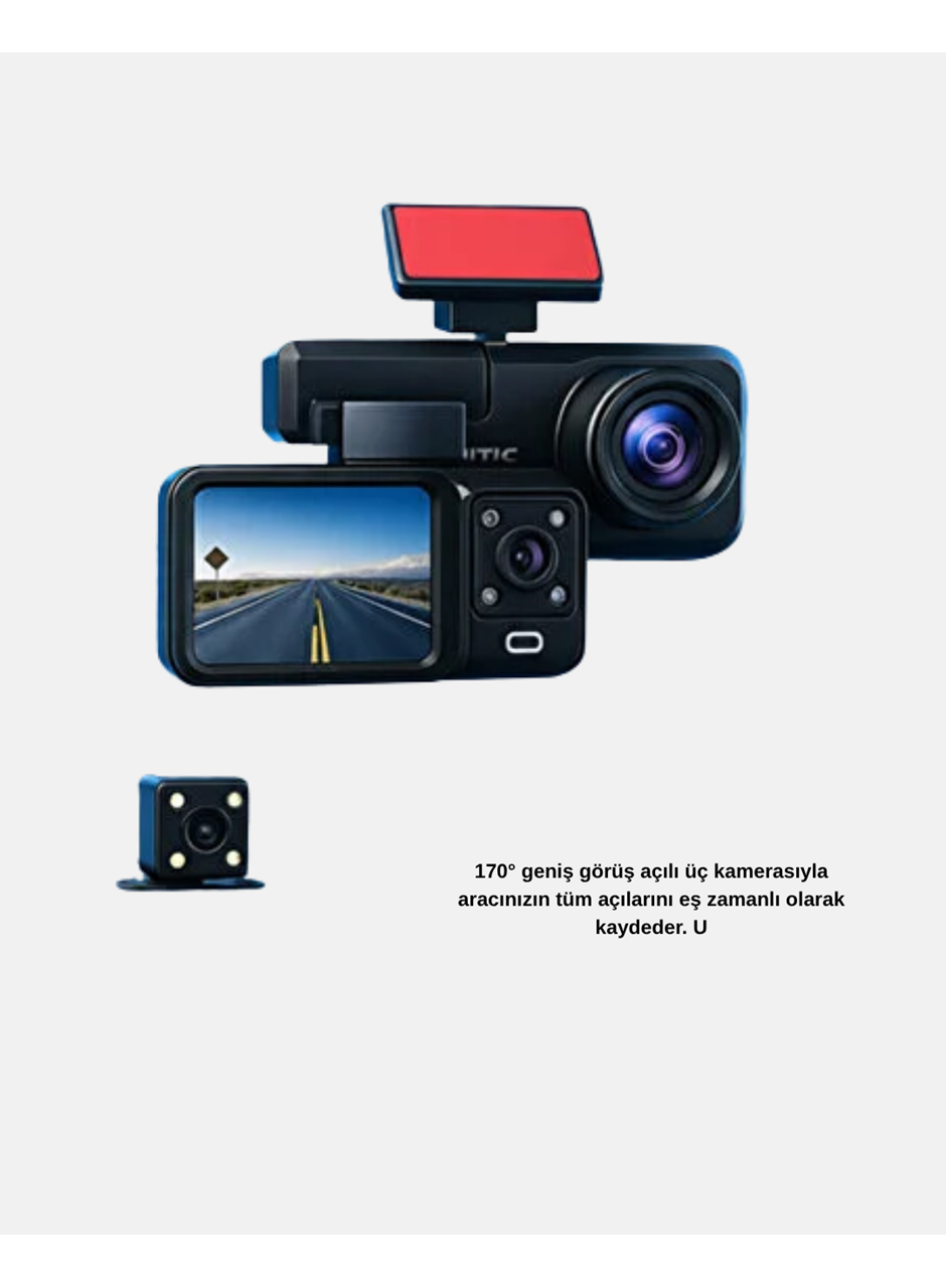 Üç Kameralı Dash Cam 170° Geniş Açılı Full HD Gece Görüşlü