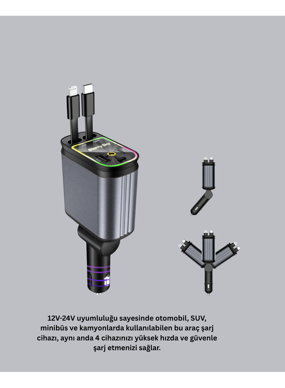 Araç Şarj Cihazı 4 Portlu 66W Hızlı Şarjlı LED Işıklı ve 180° Dönebilir