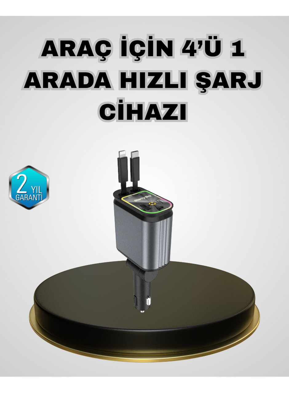 Araç Şarj Adaptörü 66W PD QC Hızlı Şarjlı ve Çekilebilir Kablolu