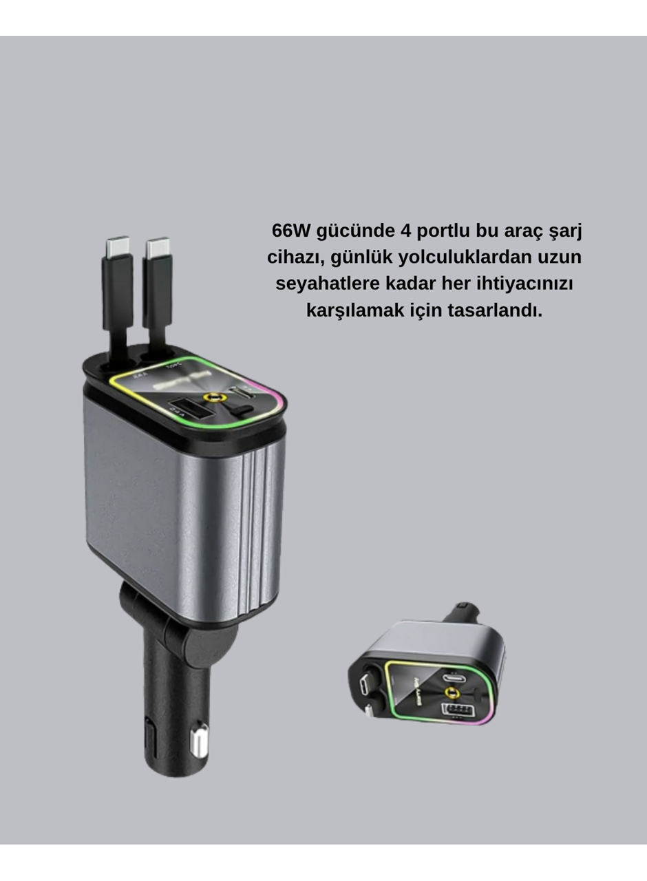 Araç Şarj Cihazı 66W 4 Portlu Hızlı Şarj ve LED Işıklı