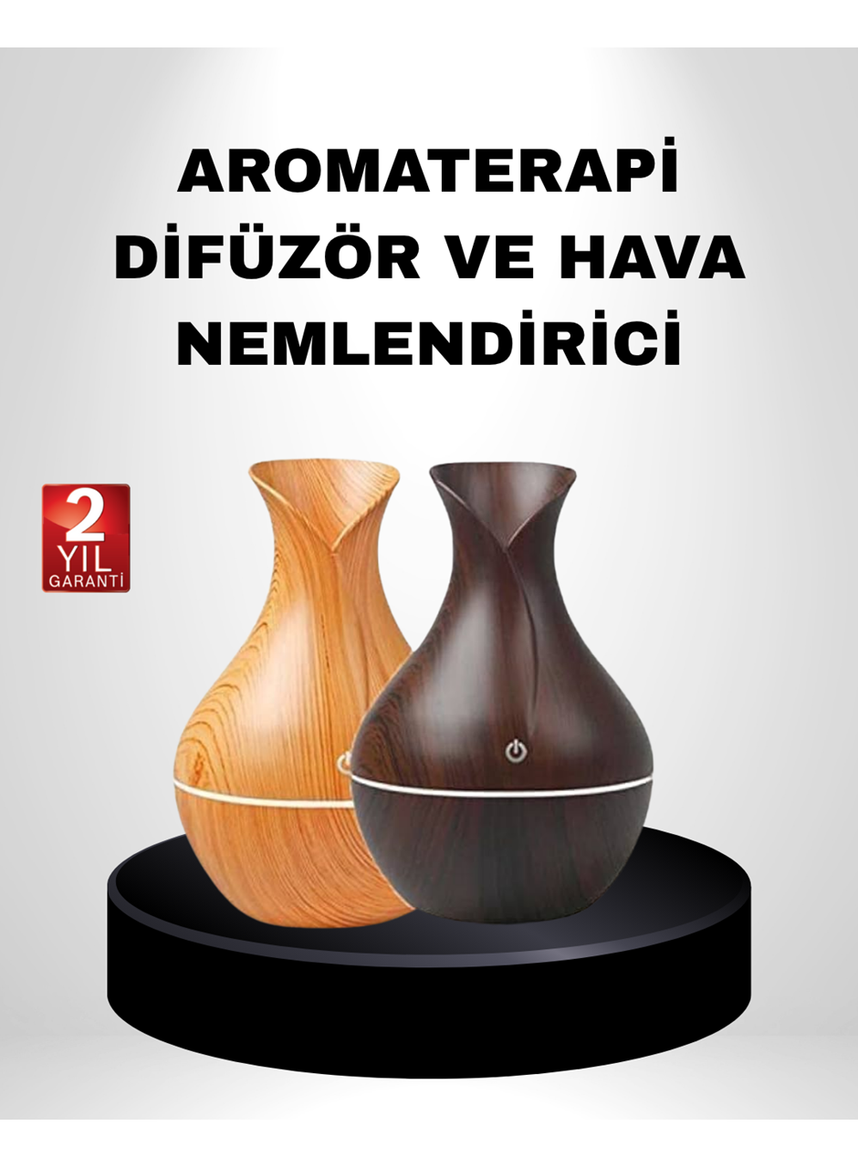 Ahşap Desenli Aromaterapi Difüzör 130 ml Ultrasonik ve 7 Renk LED Işıklı