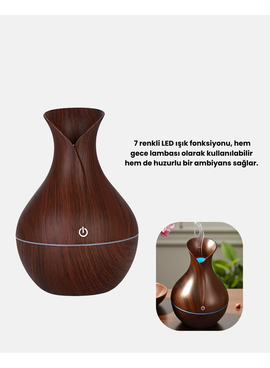 Ahşap Desenli Aromaterapi Difüzör 130 ml Ultrasonik ve 7 Renk LED Işıklı