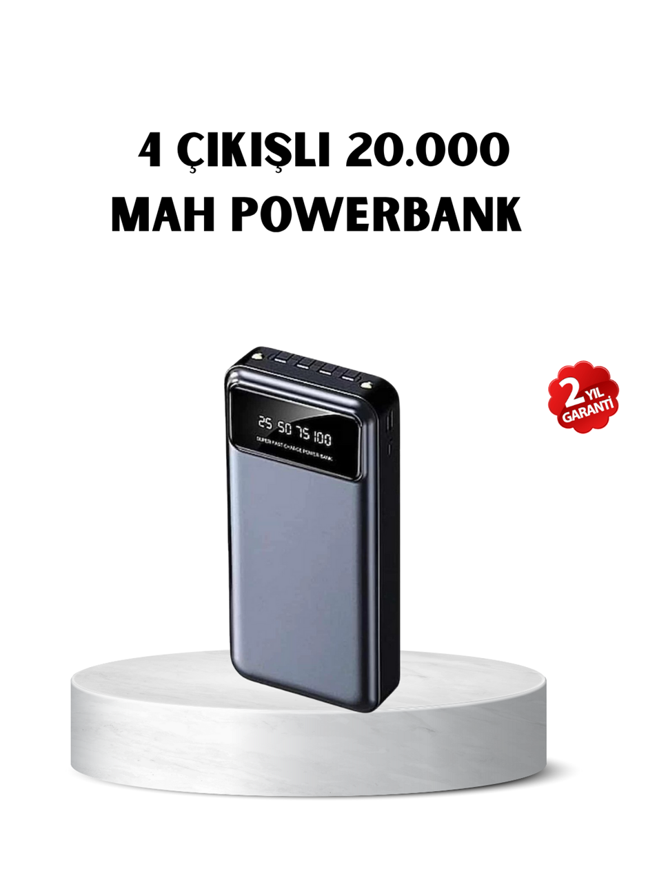 Powerbank 20000 mAh Hızlı Şarjlı LED Fenerli ve 4 Portlu