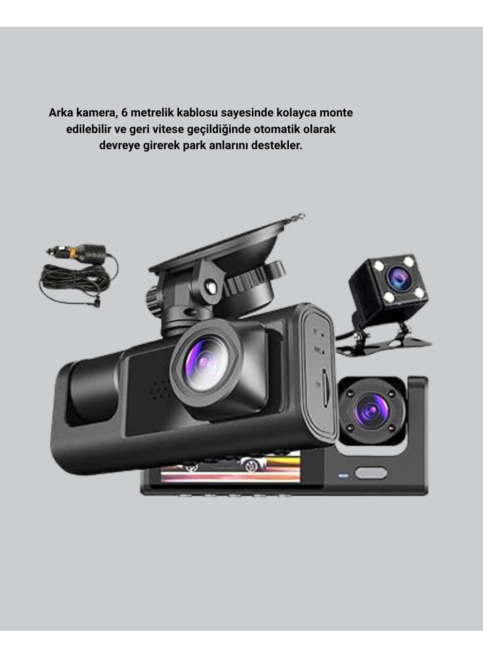Üç Kameralı Araç İçi Kayıt Sistemi Full HD Gece Görüşlü ve G-Sensör Destekli