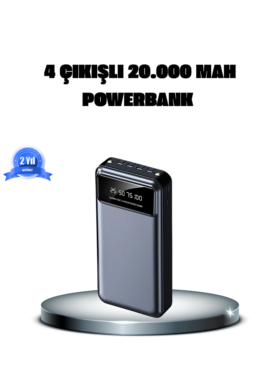 Powerbank 20000 mAh 4 Çıkışlı Hızlı Şarjlı ve LED Göstergeli