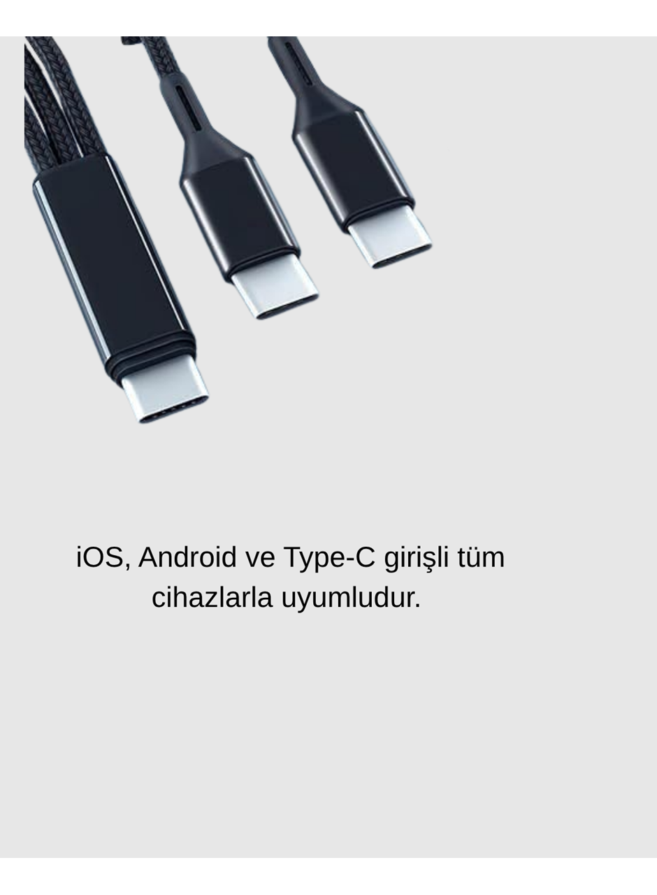 3’ü 1 Arada Şarj Kablosu Type-C iOS Android Uyumlu Hızlı ve Güvenli Şarj