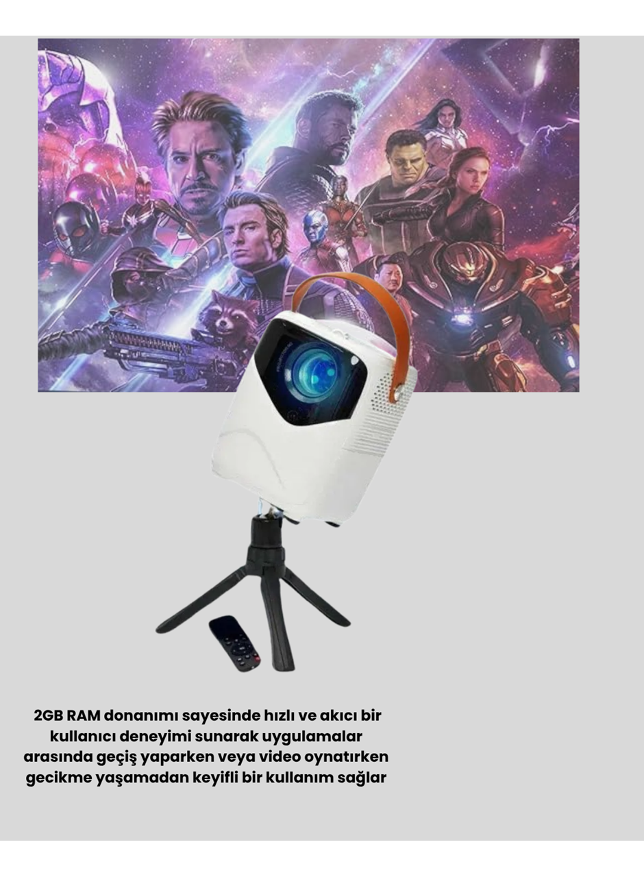 Taşınabilir Akıllı 1080P Projektör – 64GB Hafıza, 2GB RAM, Full HD Görüntü, Kumandalı