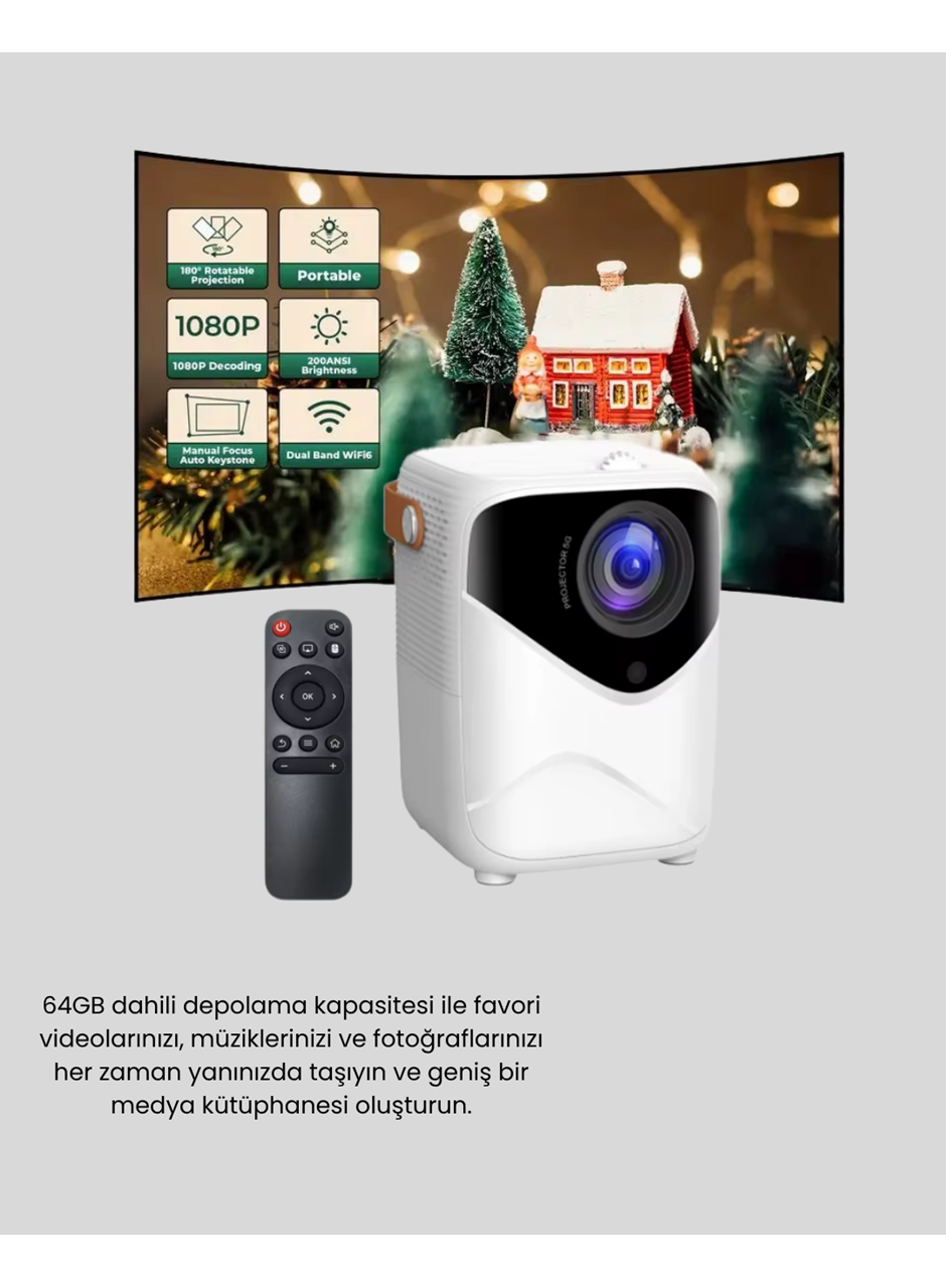 Taşınabilir Akıllı 1080P Projektör – 64GB Hafıza, 2GB RAM, Full HD Görüntü, Kumandalı