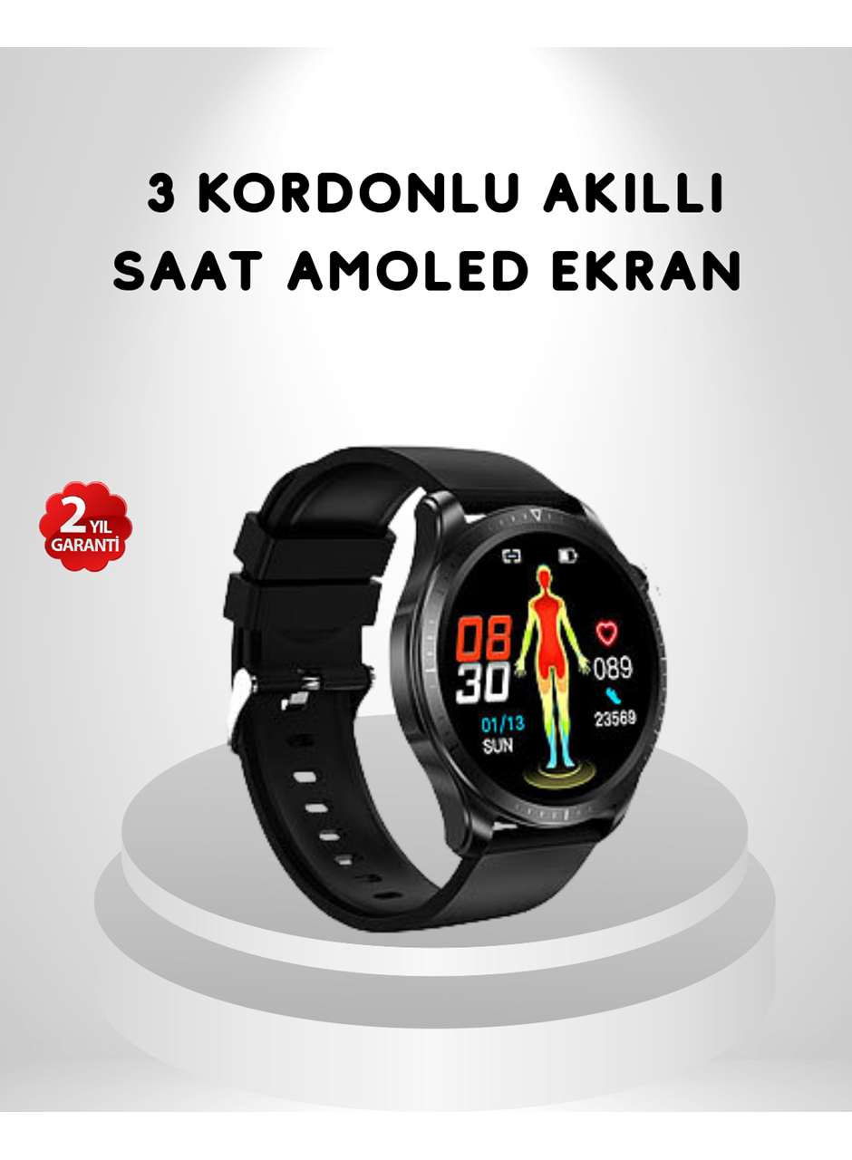 AMOLED Ekranlı Akıllı Saat – 3 Kordon Seçenekli, Suya Dayanıklı, Kalp Atış ve Uyku Takip Özellikli