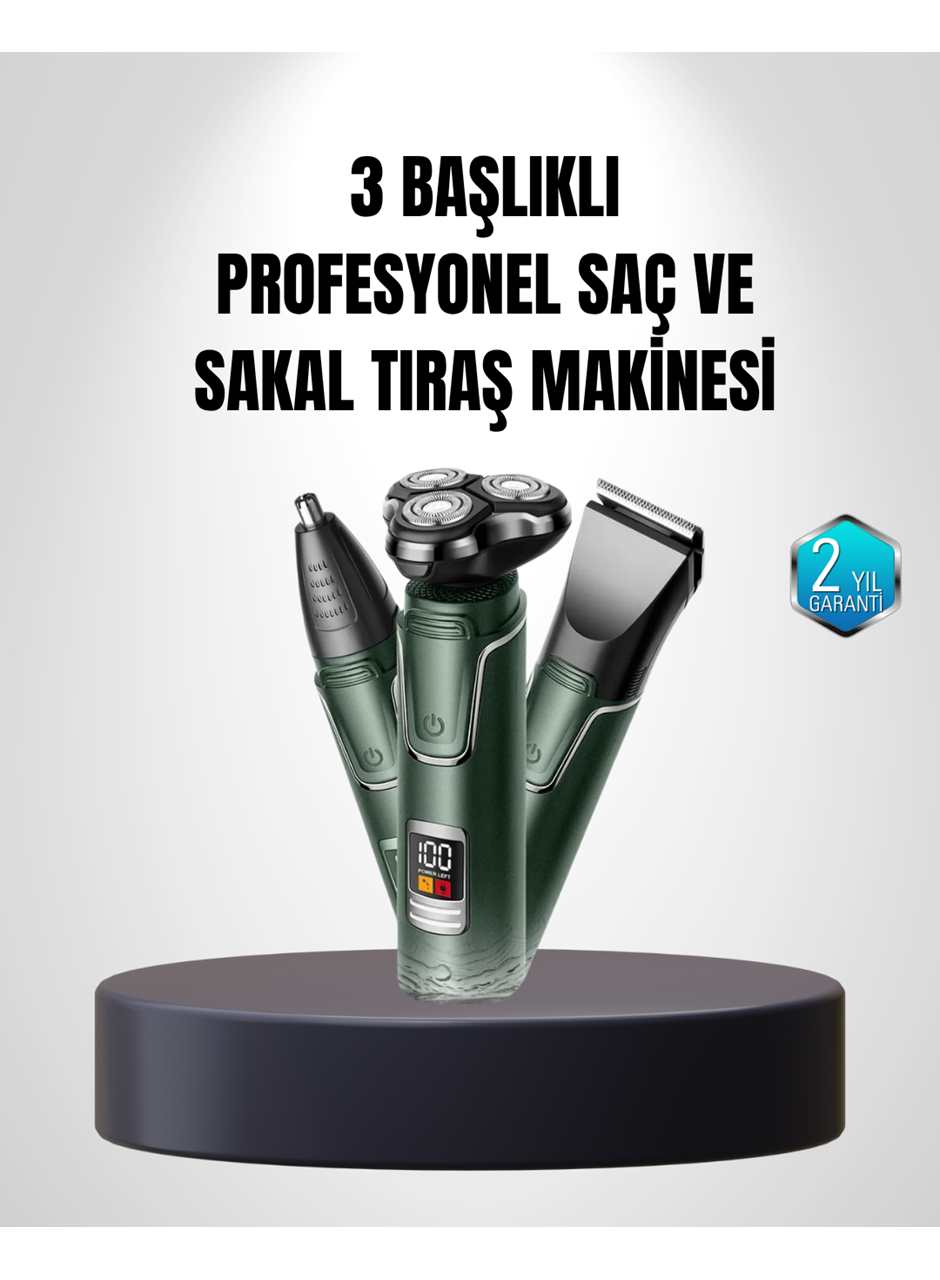 3D Akıllı Kesim Teknolojili Şarjlı Tıraş Seti – 3 Başlıklı, Paslanmaz Çelik Bıçaklı