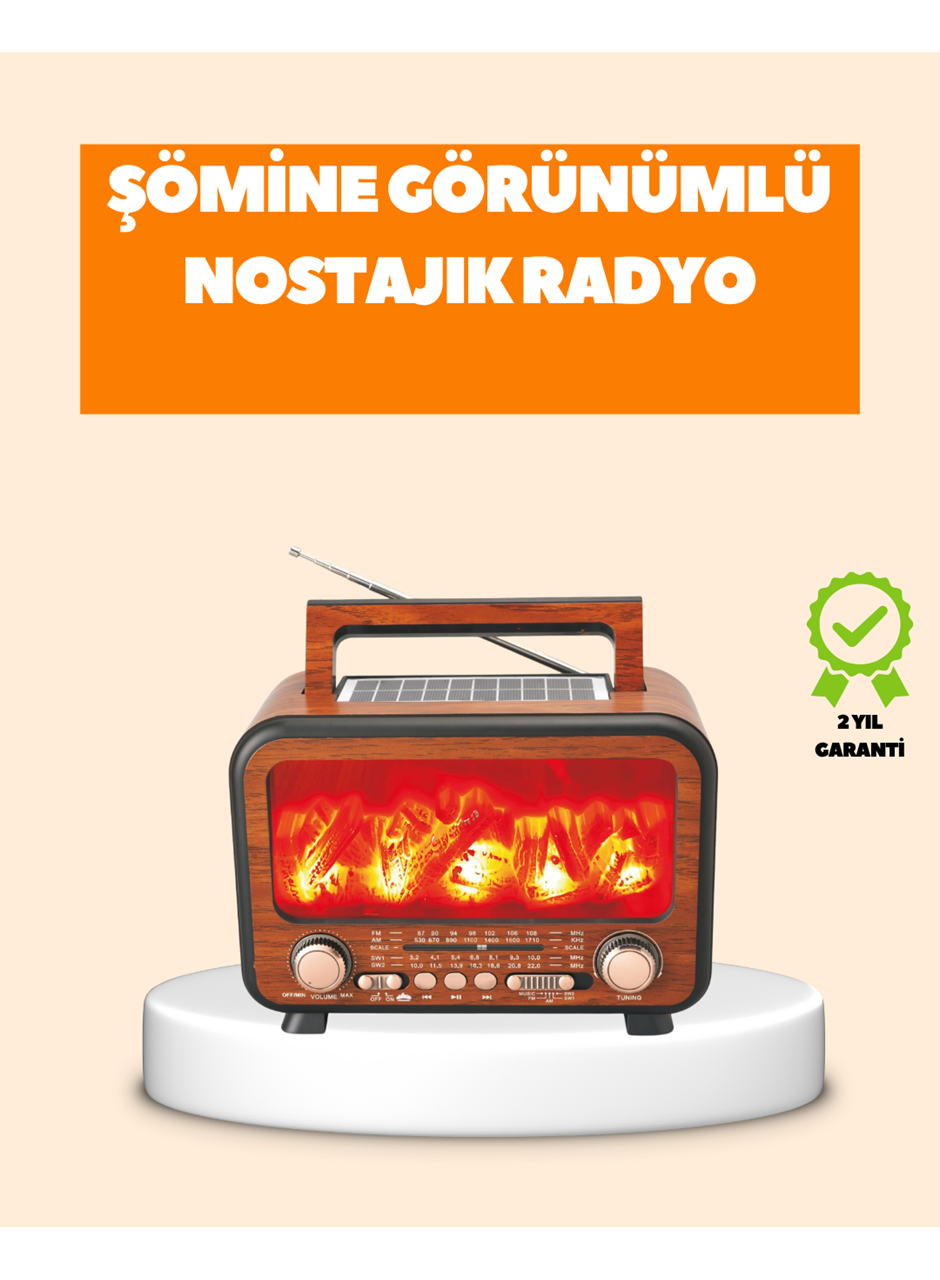 Şömine Alev Işıklı Solar Bluetooth Hoparlör – 7W Güçlü Ses, FM Radyo