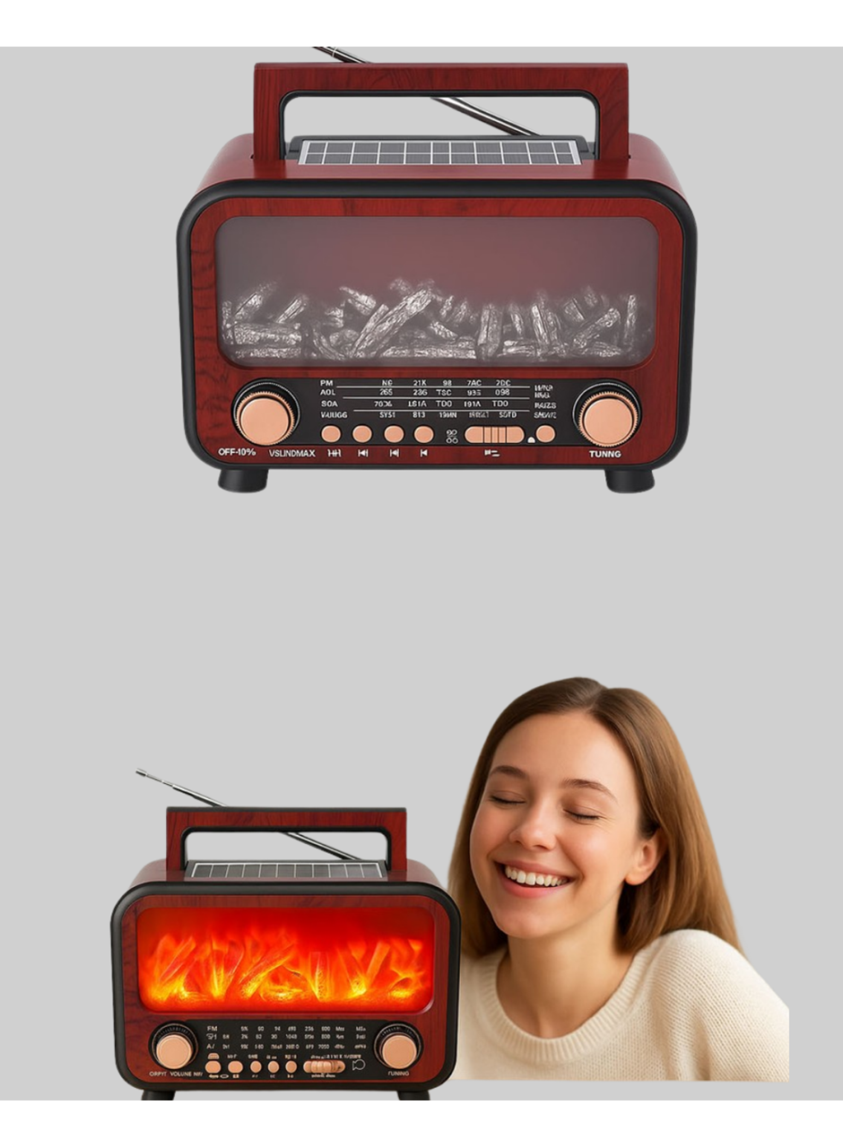 Solar Şarjlı Şömine Işıklı Bluetooth Hoparlör – Radyo, USB, TF Kart Destekli