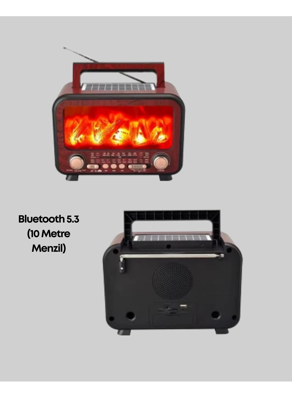 Şömine Alev Işıklı Solar Bluetooth Hoparlör – 7W Güçlü Ses, FM Radyo