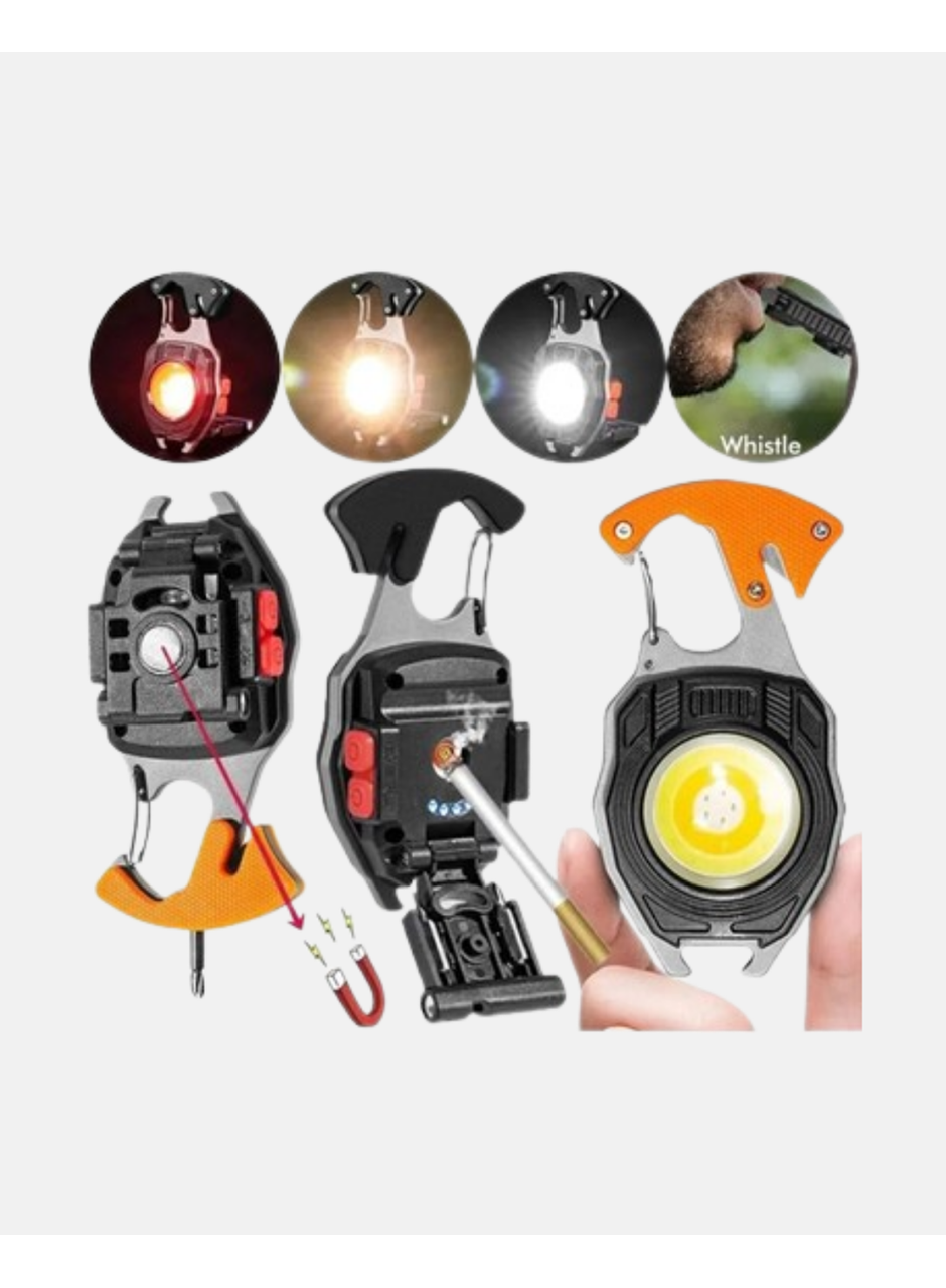 Mini LED Anahtarlık Fener – Şişe Açacağı, Tornavida, Düdük ve USB Şarj Özellikli