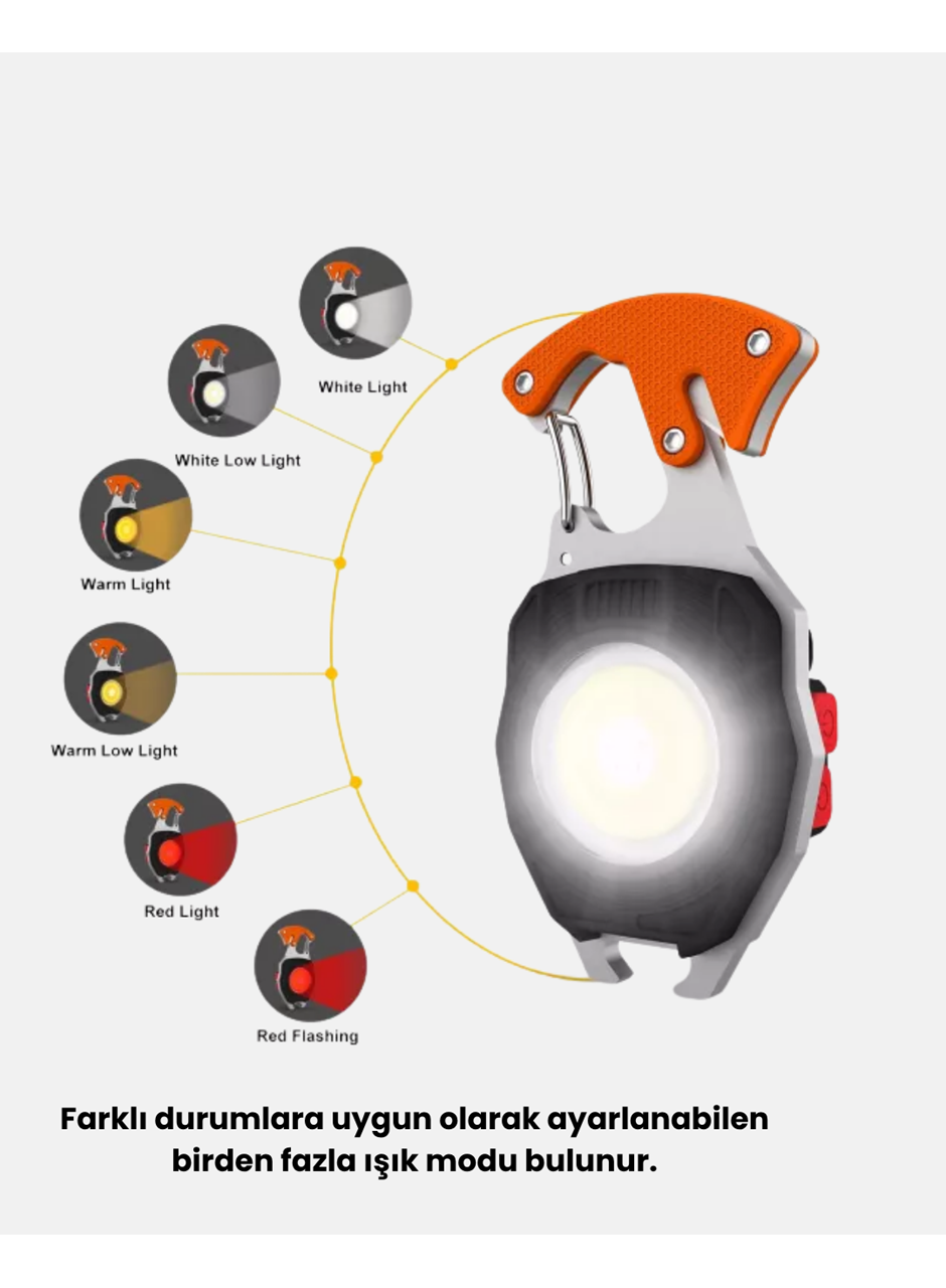 Mini LED Anahtarlık Fener – Şişe Açacağı, Tornavida, Düdük ve USB Şarj Özellikli