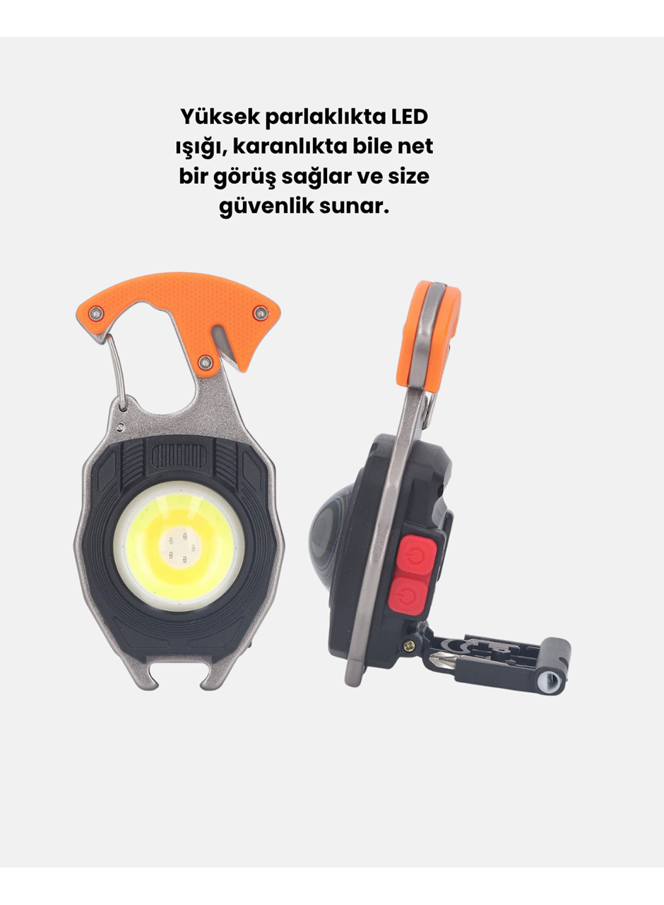 Mini LED Anahtarlık Fener – Şişe Açacağı, Tornavida, Düdük ve USB Şarj Özellikli