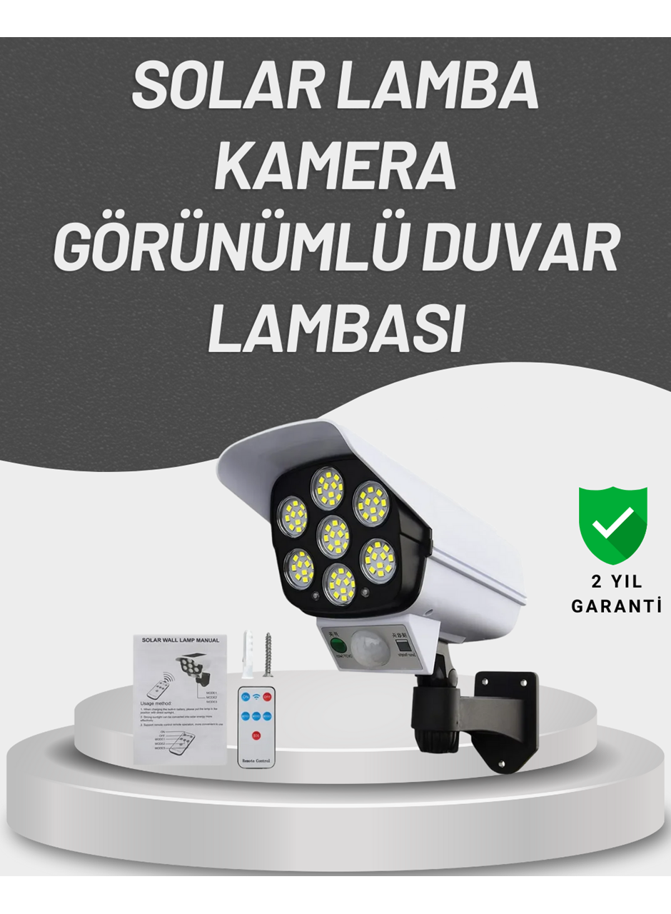 77 LED'li Güneş Enerjili Güvenlik Lambası ve Kukla Kamera – Hareket Sensörlü, 2400mAh Pilli