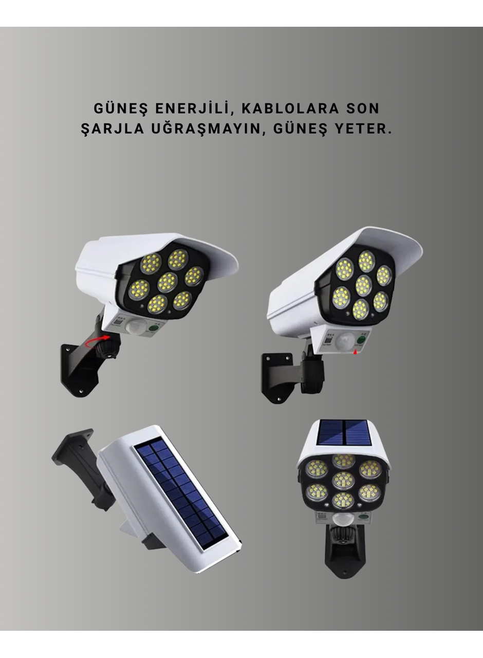 77 LED'li Güneş Enerjili Güvenlik Lambası ve Kukla Kamera – Hareket Sensörlü, 2400mAh Pilli