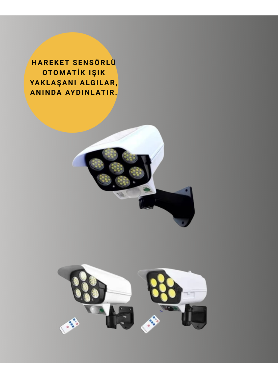 77 LED'li Güneş Enerjili Güvenlik Lambası ve Kukla Kamera – Hareket Sensörlü, 2400mAh Pilli