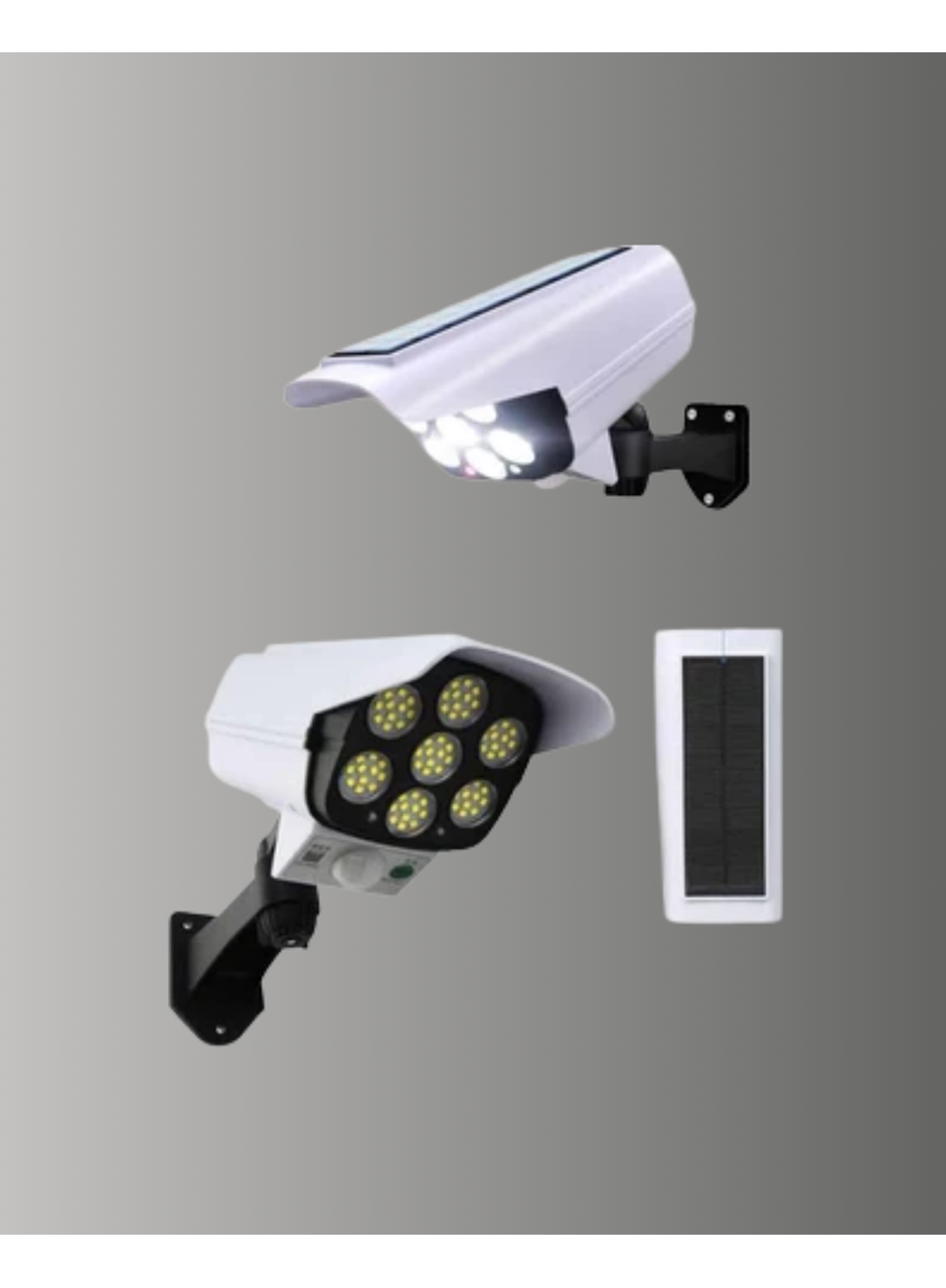 Güneş Enerjili LED Lamba + Güvenlik Kamerası Görünümlü– 5-8 m Hareket Algılamalı, Beyaz Işık