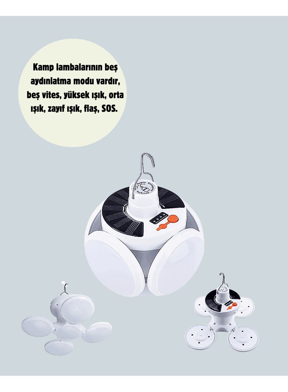 Güneş Paneliyle Şarj Olan Katlanabilir LED Çadır Lambası – 5 Kademeli Aydınlatma