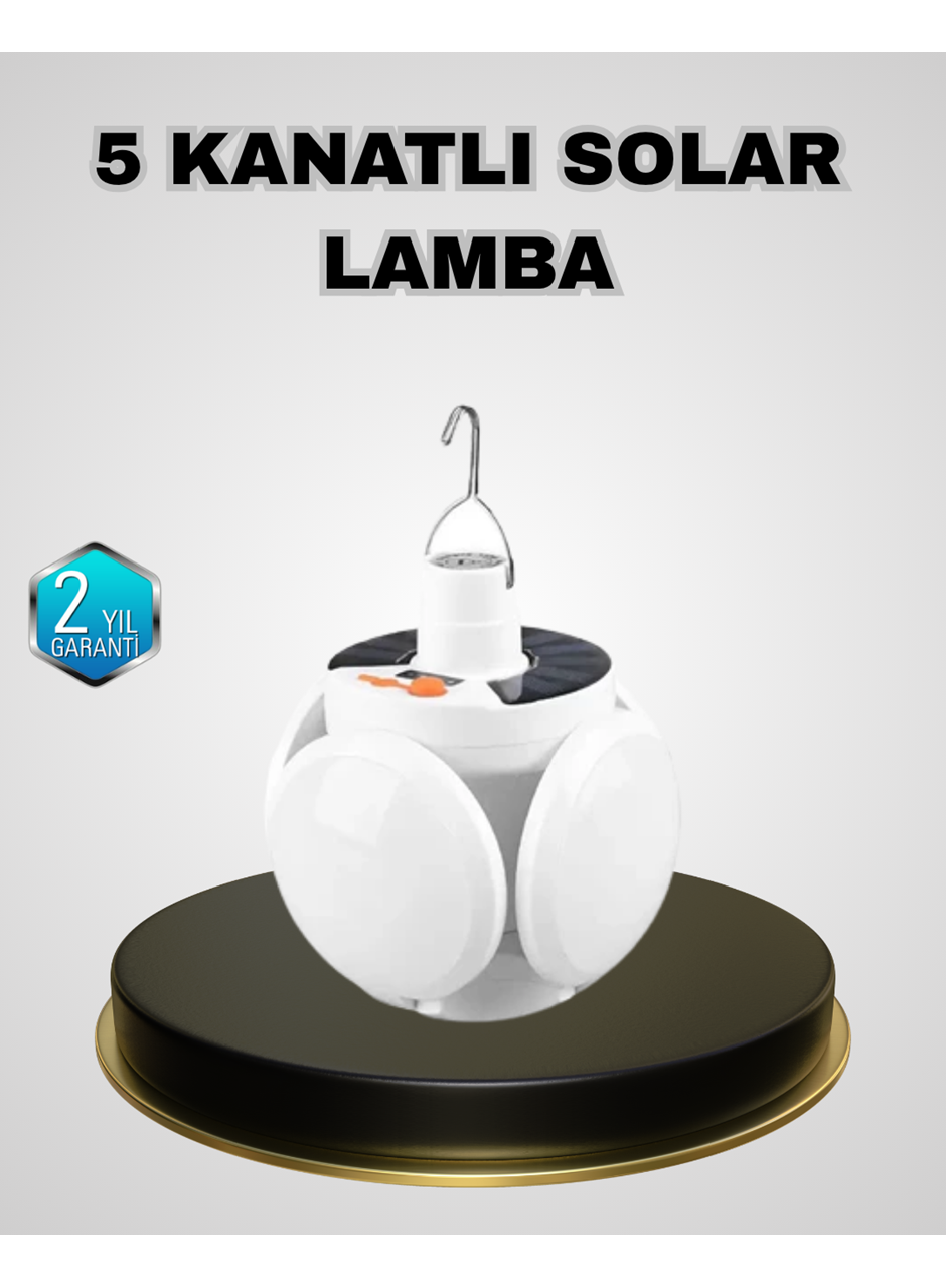 5 Kanatlı Solar Kamp Lambası – USB Şarjlı, Taşınabilir, IP65 Su Geçirmez Bahçe Lambası