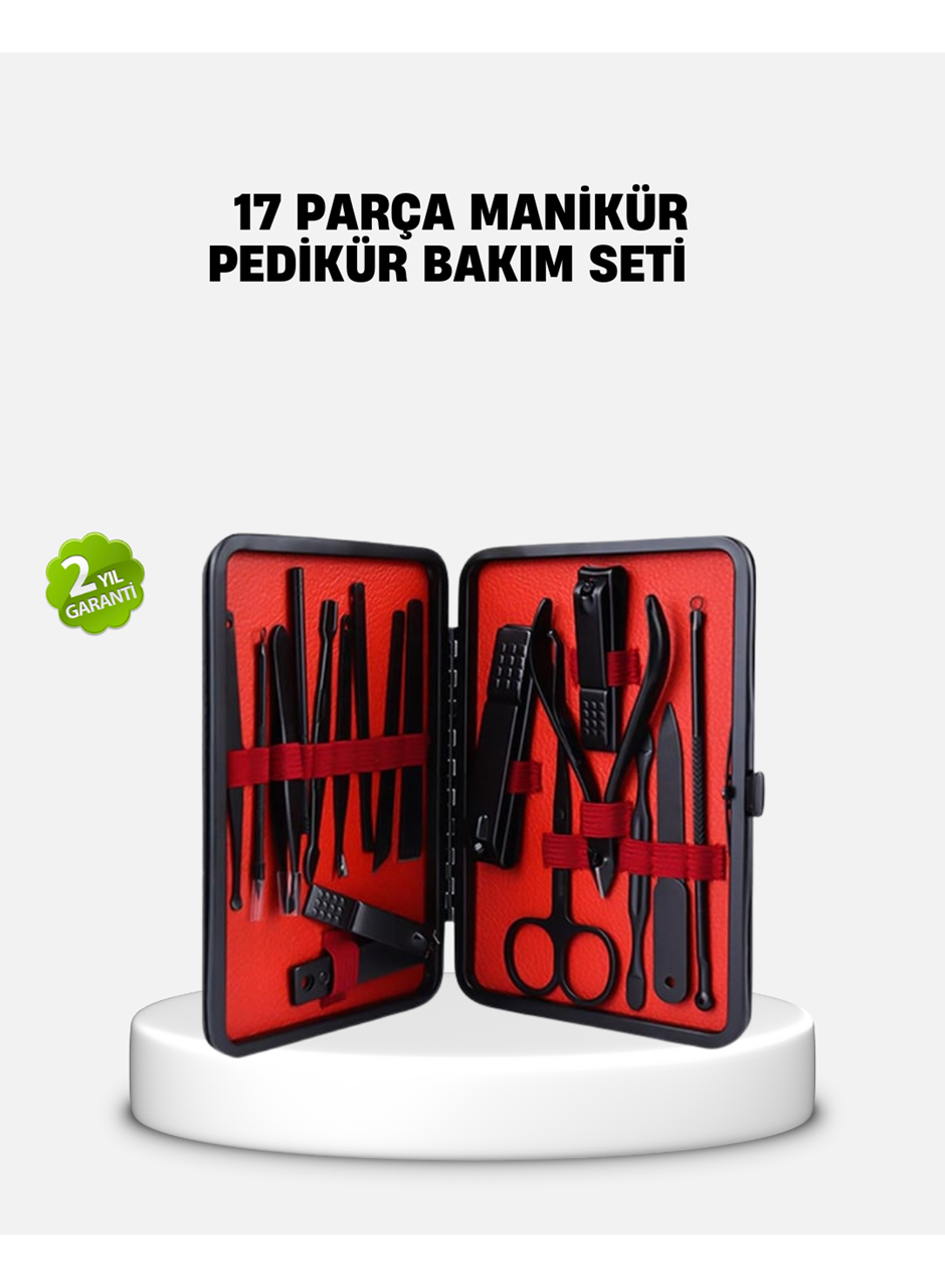 17 Parça Profesyonel Manikür Pedikür Seti Paslanmaz Çelik Siyah Kutu