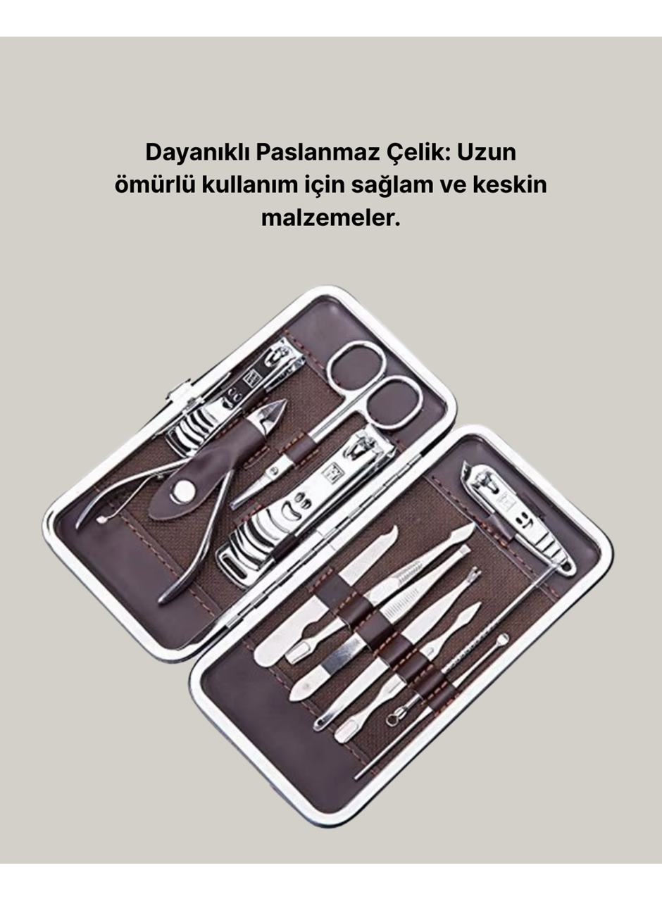 Özel Deri Çantalı 12 Parça Manikür Pedikür Bakım Seti Paslanmaz Çelik