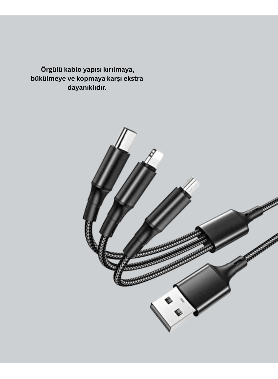 3’ü 1 Arada Hızlı Şarj Kablosu – iOS Android Type-C Uyumlu