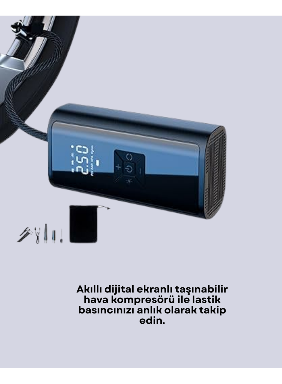 LED Fenerli ve SOS Işıklı Çok Fonksiyonlu Hava Kompresörü