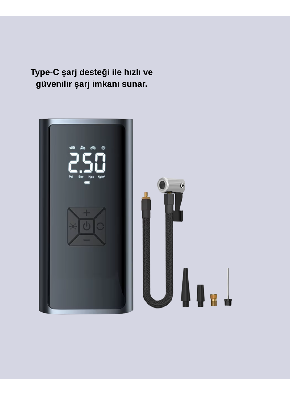 LED Fenerli ve SOS Işıklı Çok Fonksiyonlu Hava Kompresörü