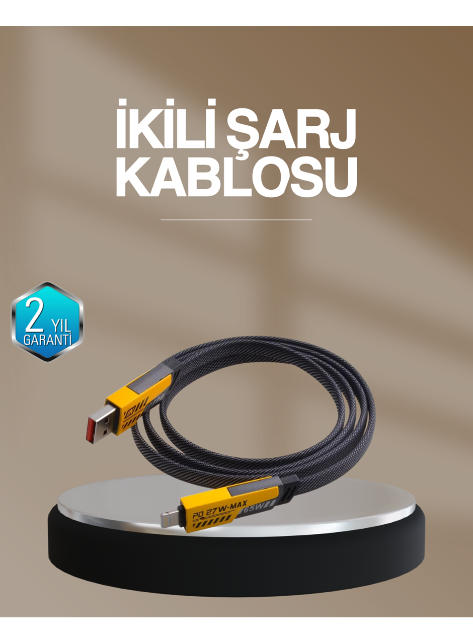 Hızlı Şarj Destekli 65W Örgülü USB-C ve USB-A Çoklu Şarj Kablosu
