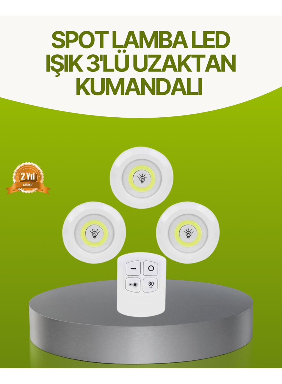 Uzaktan Kumandalı 3 Lü Kablosuz Led Spot Lamba Seti Yapışkanlı Pratik Kullanım
