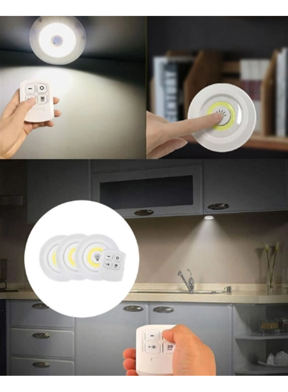 Uzaktan Kumandalı 3 Lü Kablosuz Led Spot Lamba Seti Yapışkanlı Pratik Kullanım