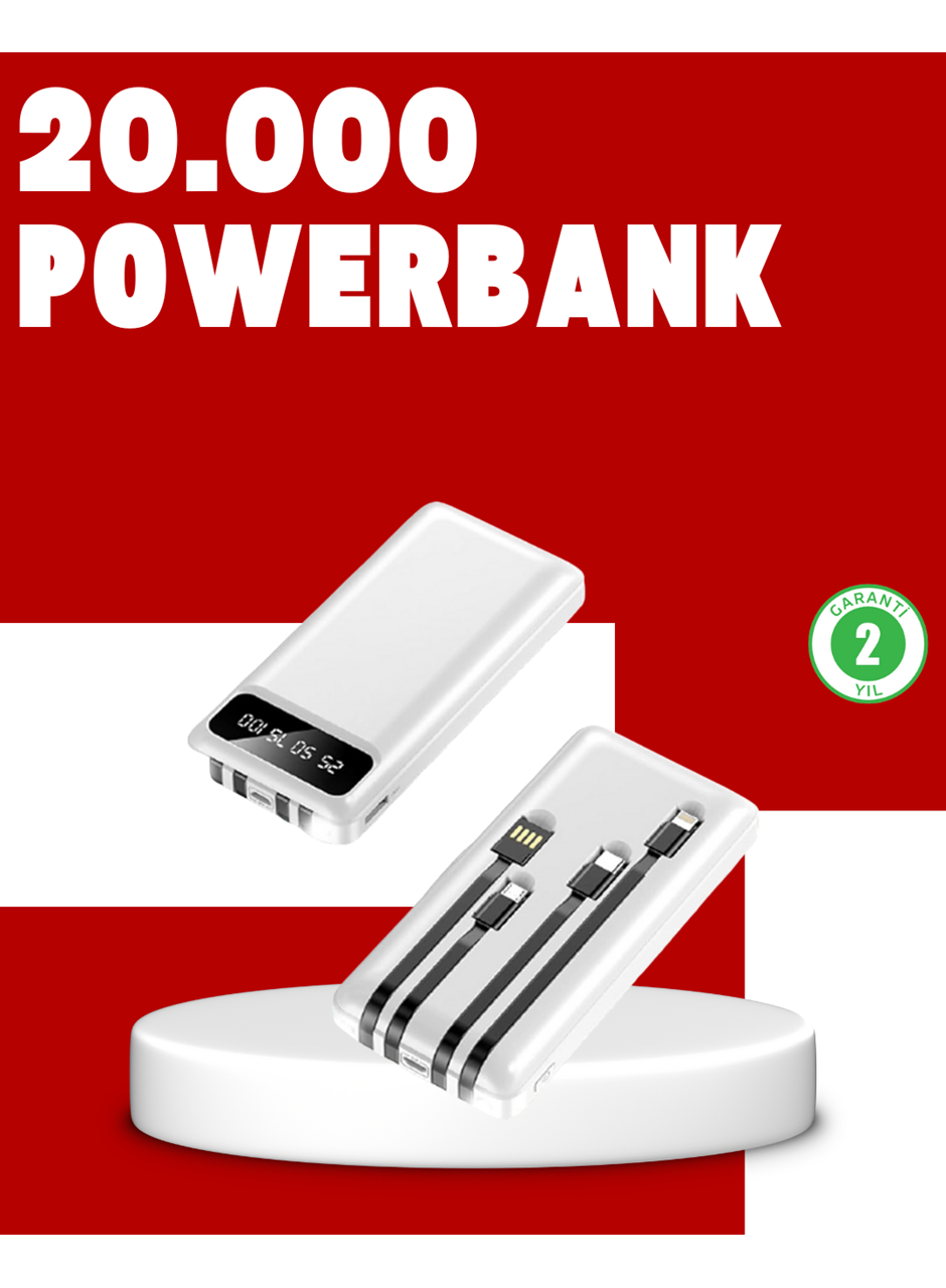 20.000mAh PD Powerbank LED Işık LCD Ekran Dahili Kablo Çoklu Giriş