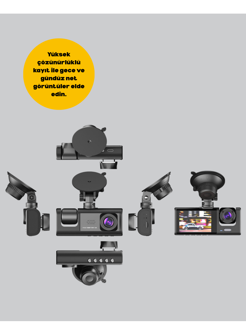 3 Kameralı Araç İçi Kayıt Cihazı  Suya ve Toza Dayanıklı Tasarım