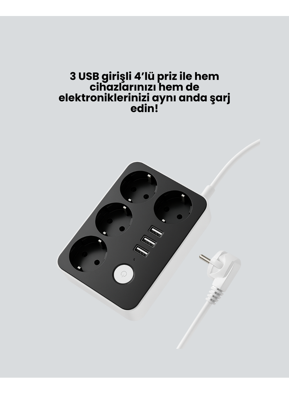 3 USB Çıkışlı 4’lü Akıllı Priz 2500W 2 Metre Kablo