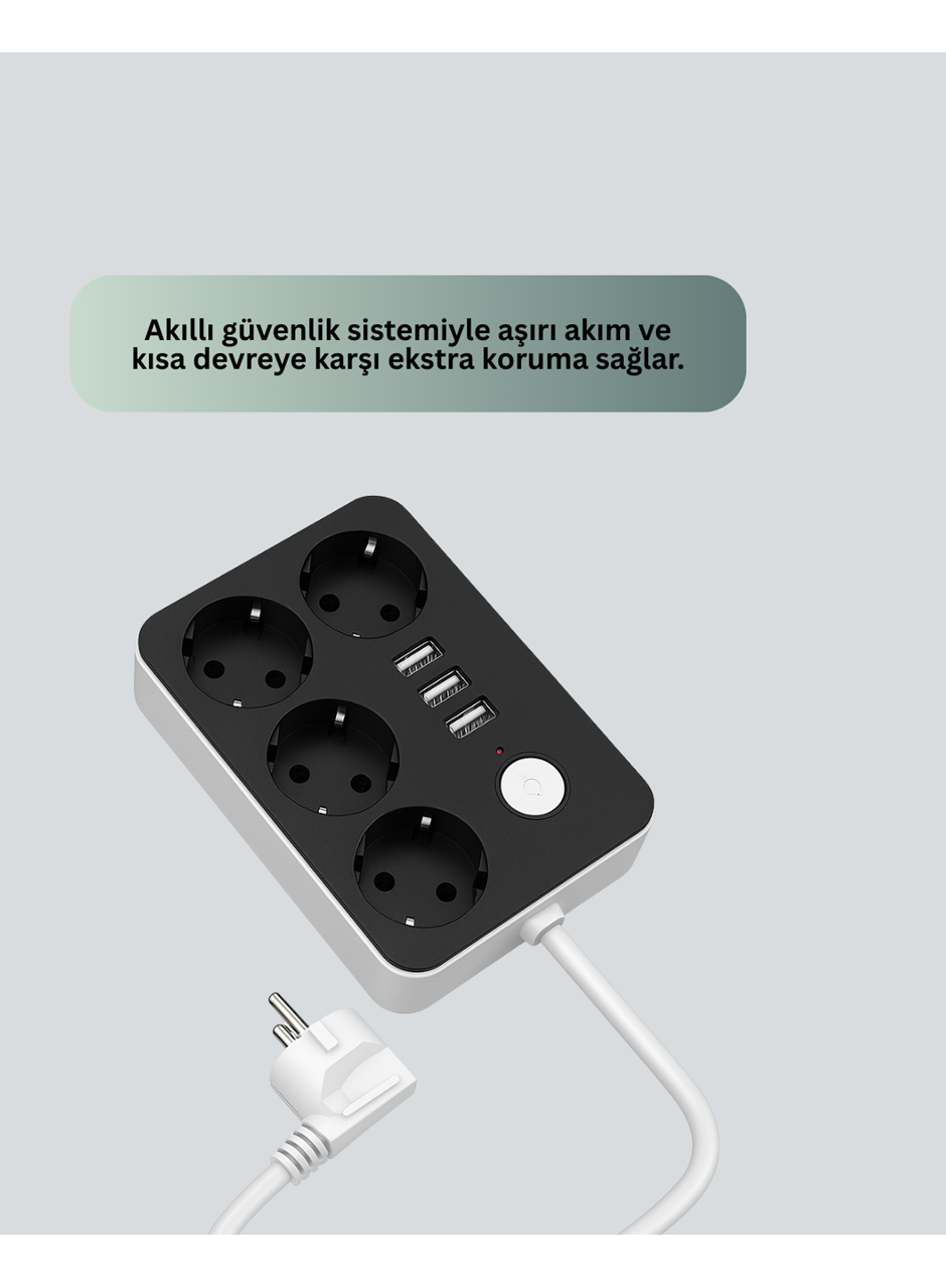 3 USB Çıkışlı 4’lü Akıllı Priz 2500W 2 Metre Kablo