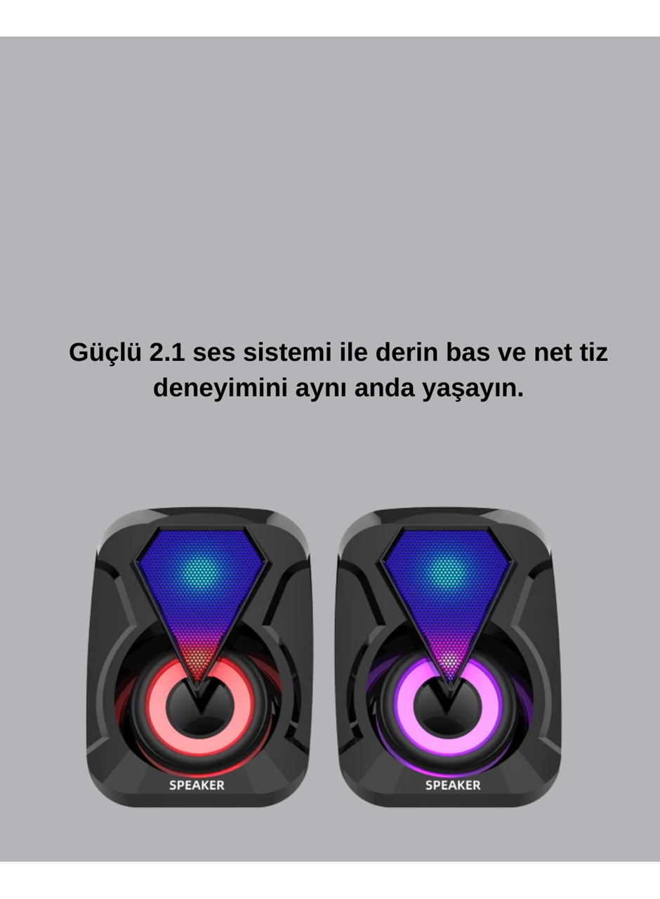 2.1 USB Bağlantılı Oyun Hoparlörü Renkli LED Işıklı