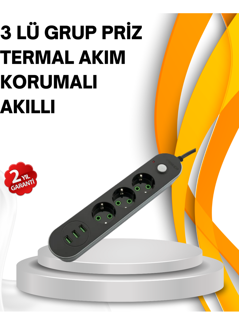 Hızlı Şarj Özellikli 3 USB Girişli Üçlü Priz