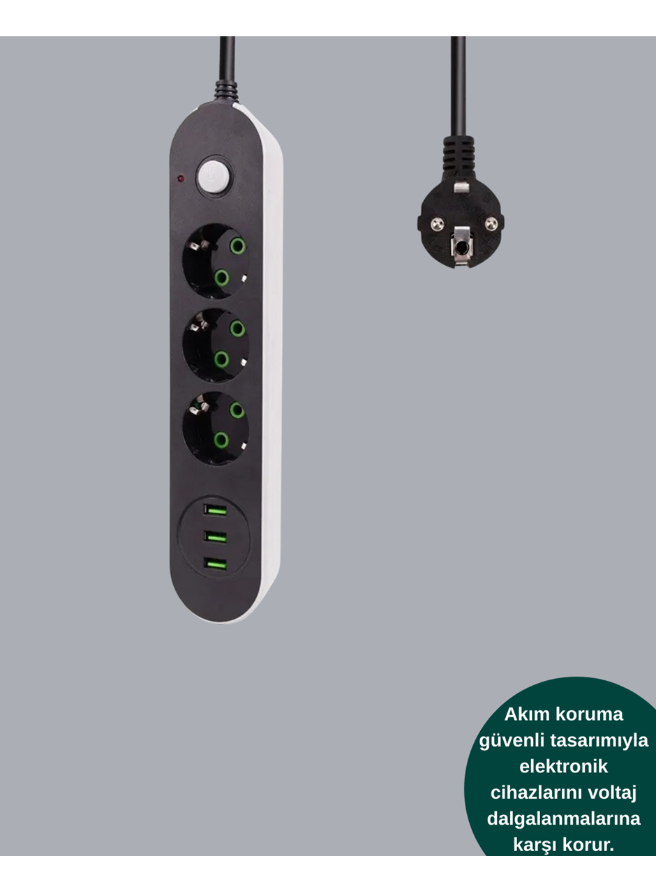 Hızlı Şarj Özellikli 3 USB Girişli Üçlü Priz