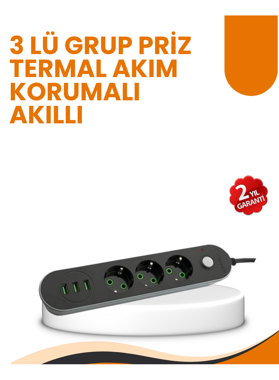 2 Metre Kablolu 3 USB Portlu Anahtarlı Üçlü Priz