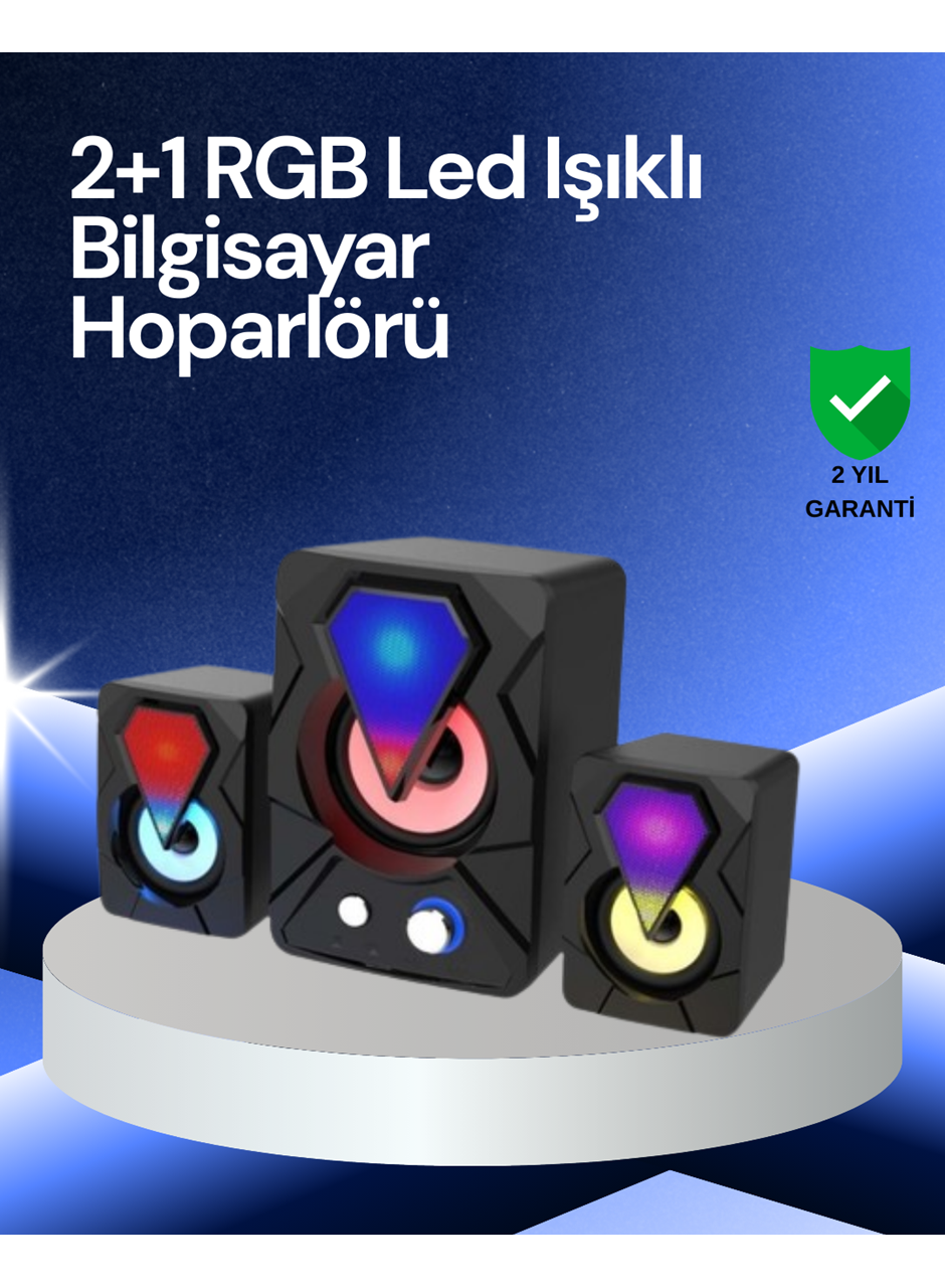 RGB LED Işıklı 2.1 USB Oyun Hoparlörü Derin Bas ve Net Ses