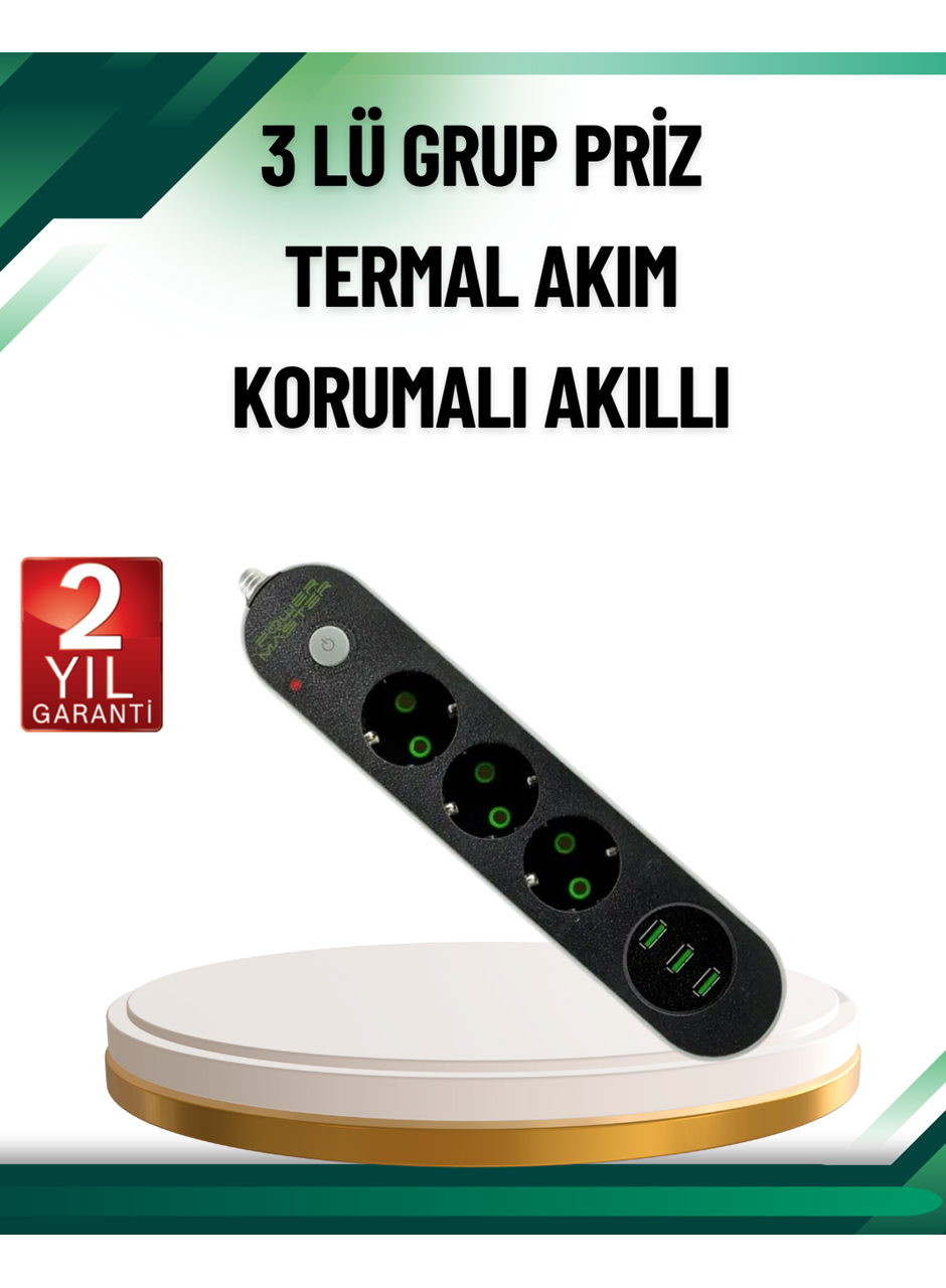 Akım Korumalı Anahtarlı USB Girişli Üçlü Priz