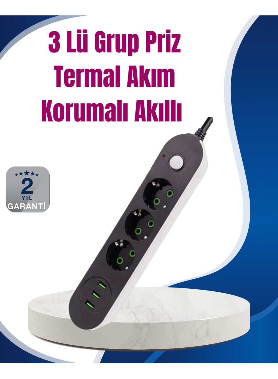 3 USB Çıkışlı Hızlı Şarjlı Anahtarlı Üçlü Priz