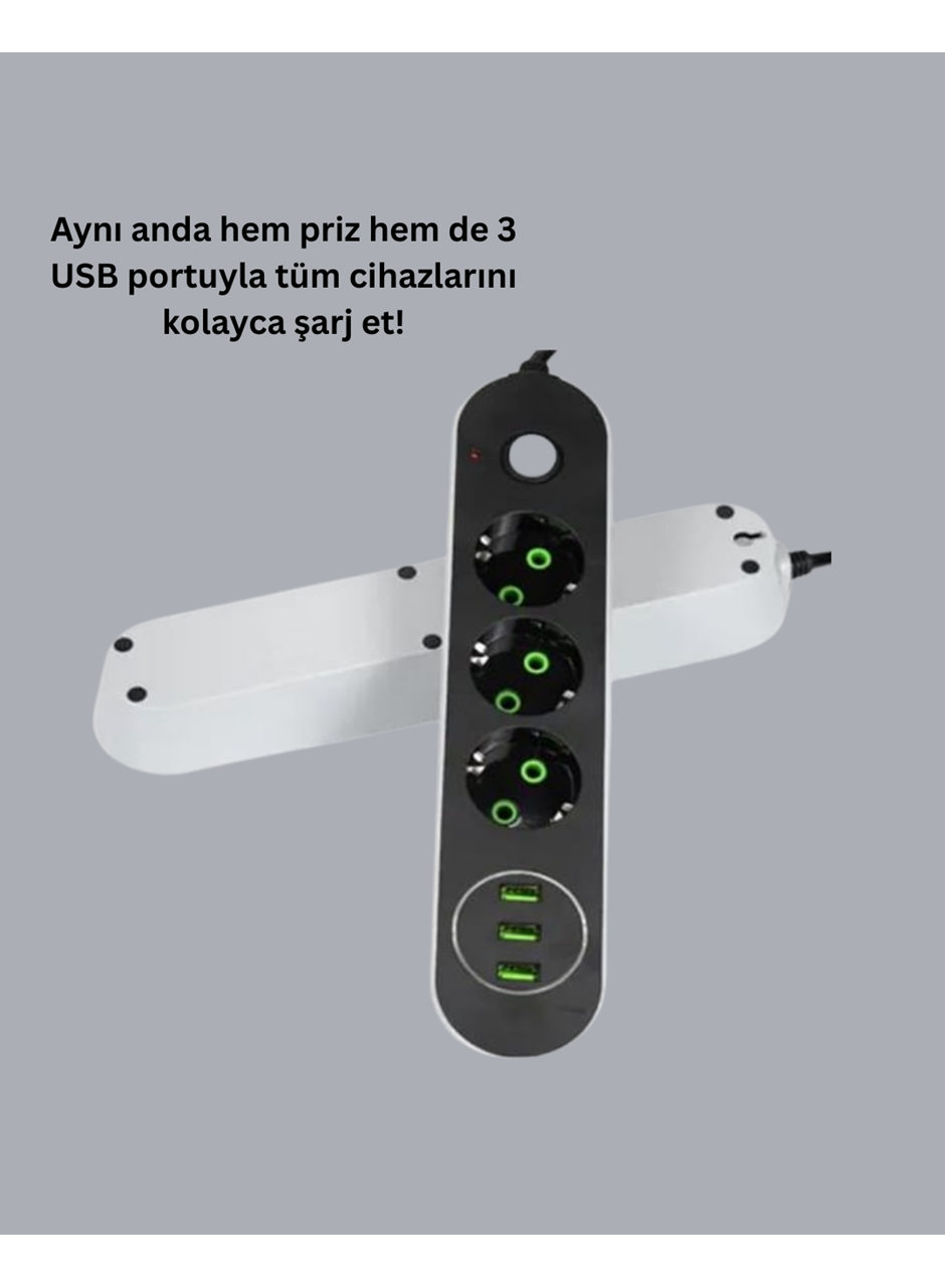 3 USB Çıkışlı Hızlı Şarjlı Anahtarlı Üçlü Priz