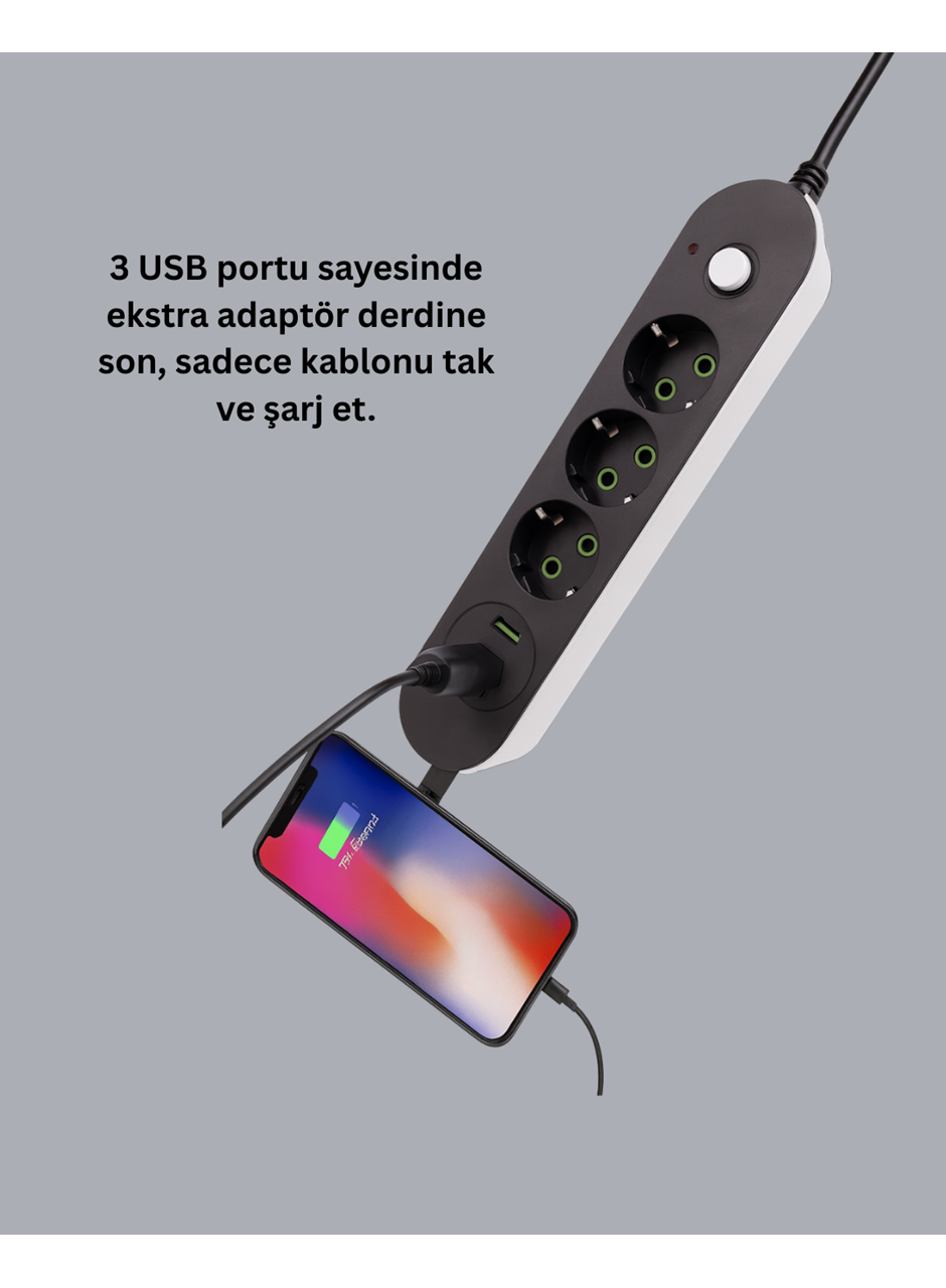 3 USB Çıkışlı Hızlı Şarjlı Anahtarlı Üçlü Priz