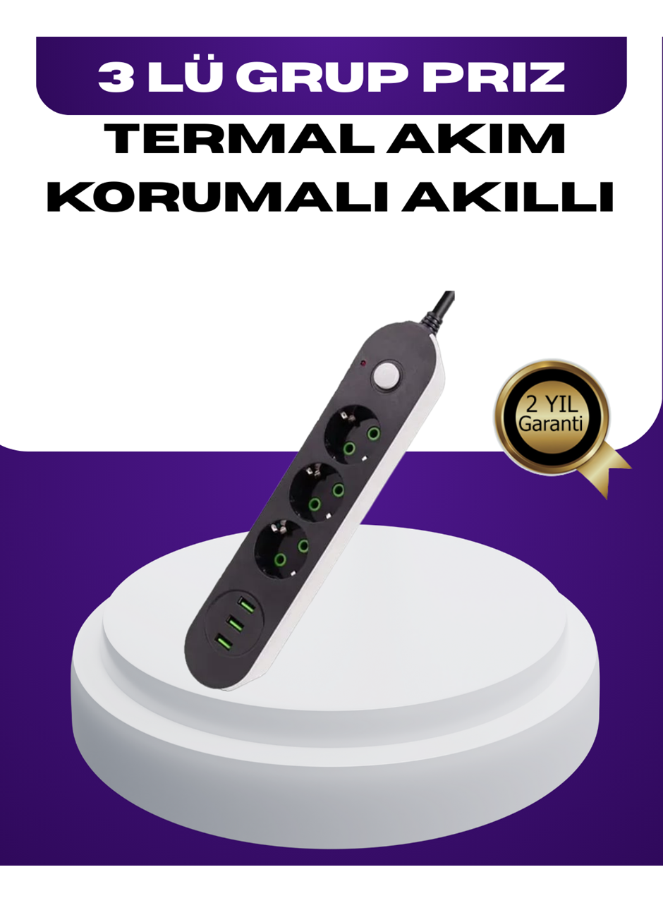 USB Yuvalı Anahtarlı Üçlü Priz 2 Metre Kablolu
