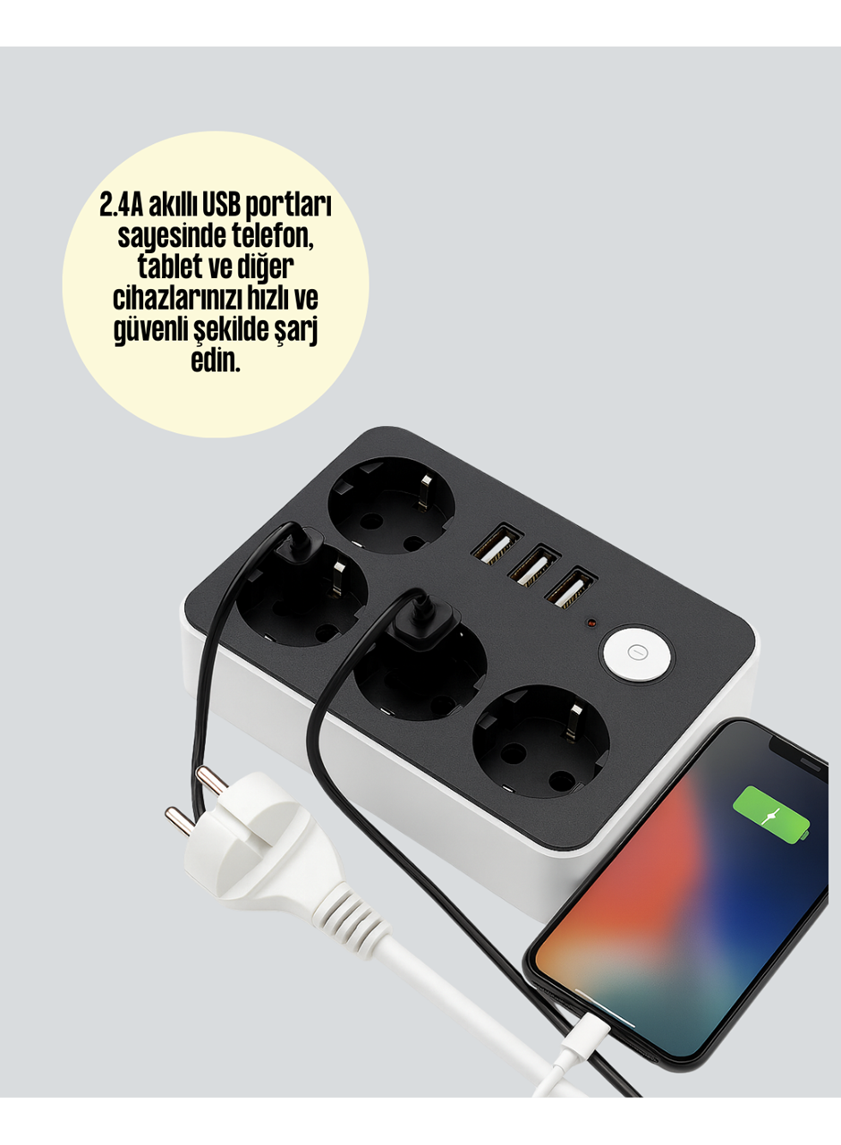 7 Cihazı Aynı Anda Destekleyen 3 USB Portlu 4’lü Priz